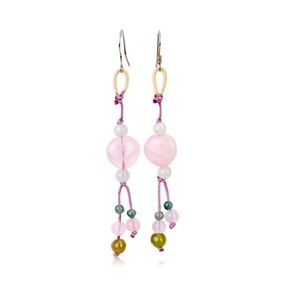 Heavenly Rose Quartz Heart Gemstone Earrings - Picture 1 of 2